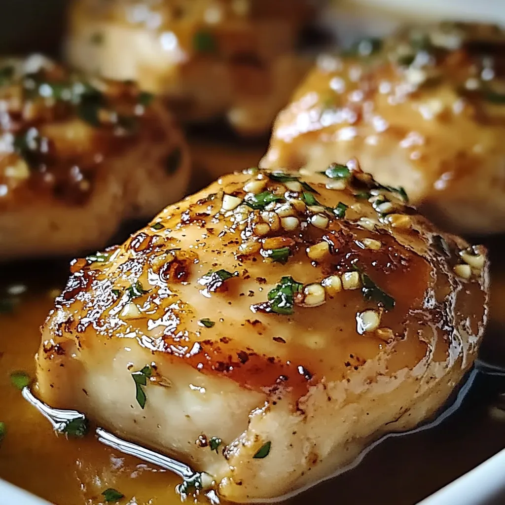 Baked garlic brown sugar chicken in a white dish, garnished with fresh parsley.