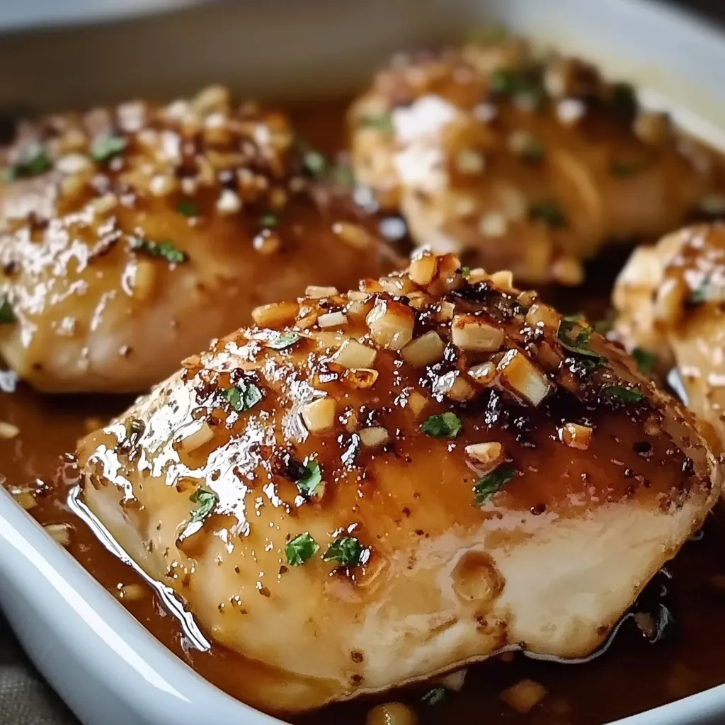 Baked garlic brown sugar chicken in a white dish, garnished with fresh parsley.