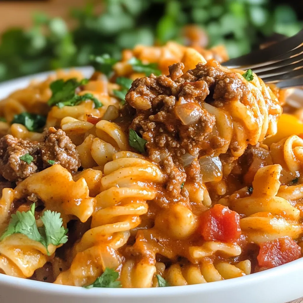 Cheesy Beef Enchilada Pasta in a skillet, topped with cilantro and melted cheese.