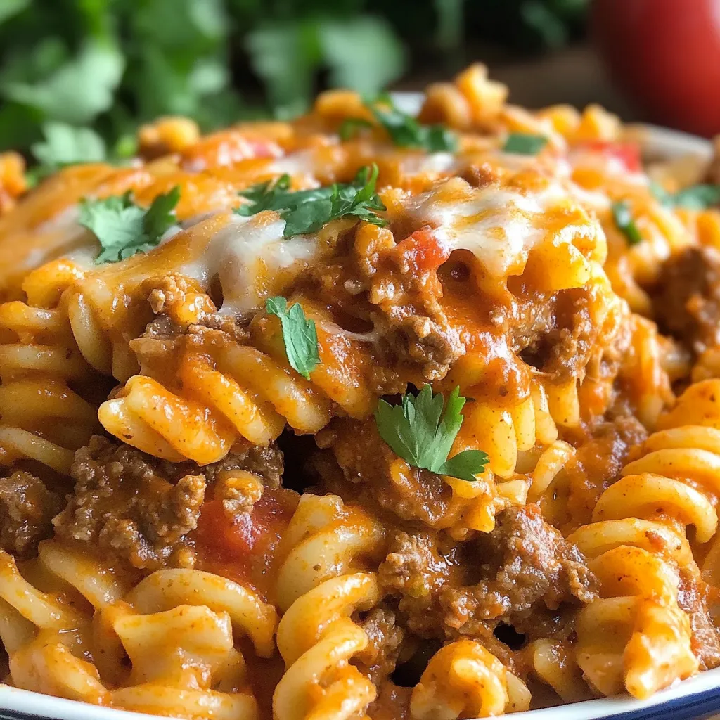 Cheesy Beef Enchilada Pasta in a skillet, topped with cilantro and melted cheese.