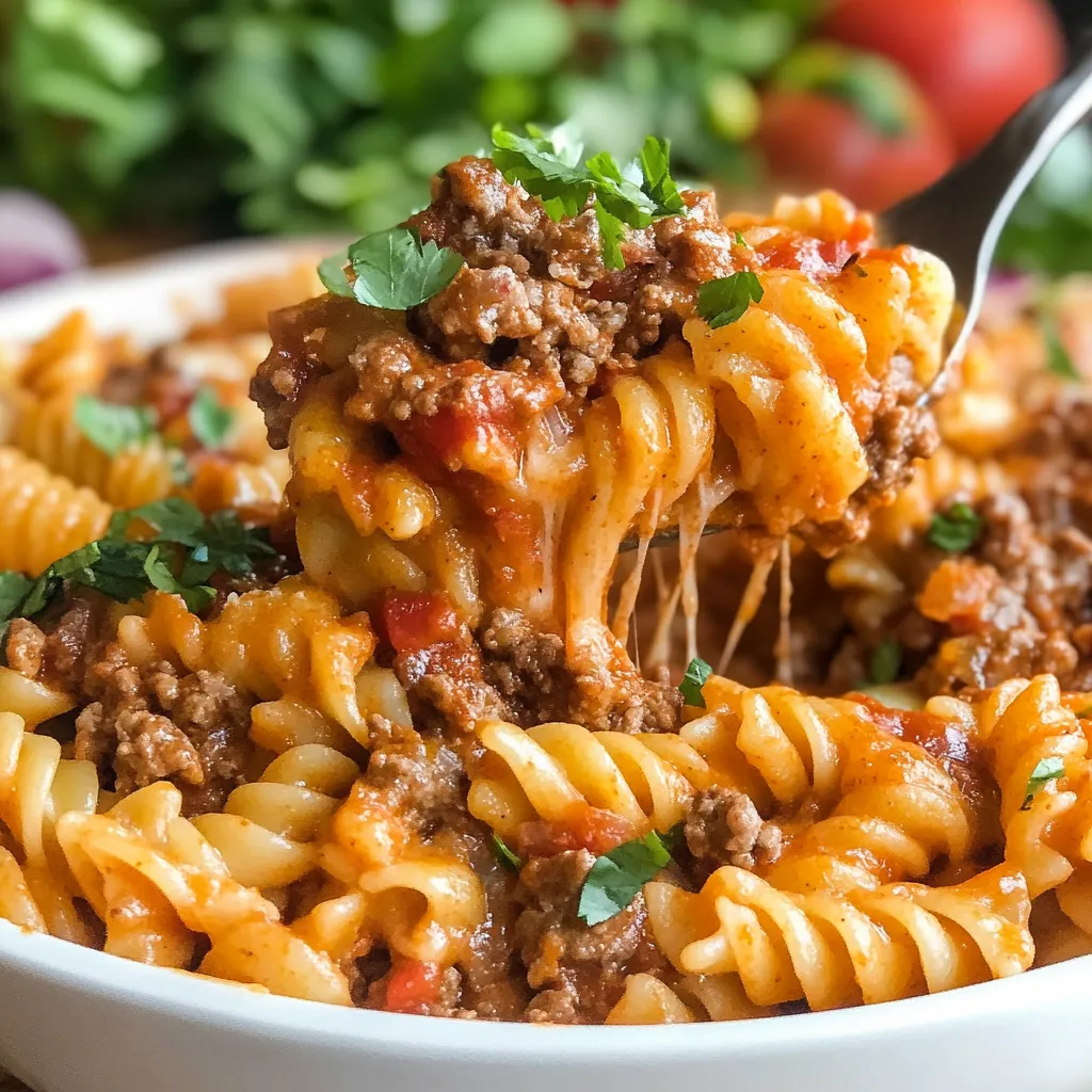 Cheesy Beef Enchilada Pasta in a skillet, topped with cilantro and melted cheese.