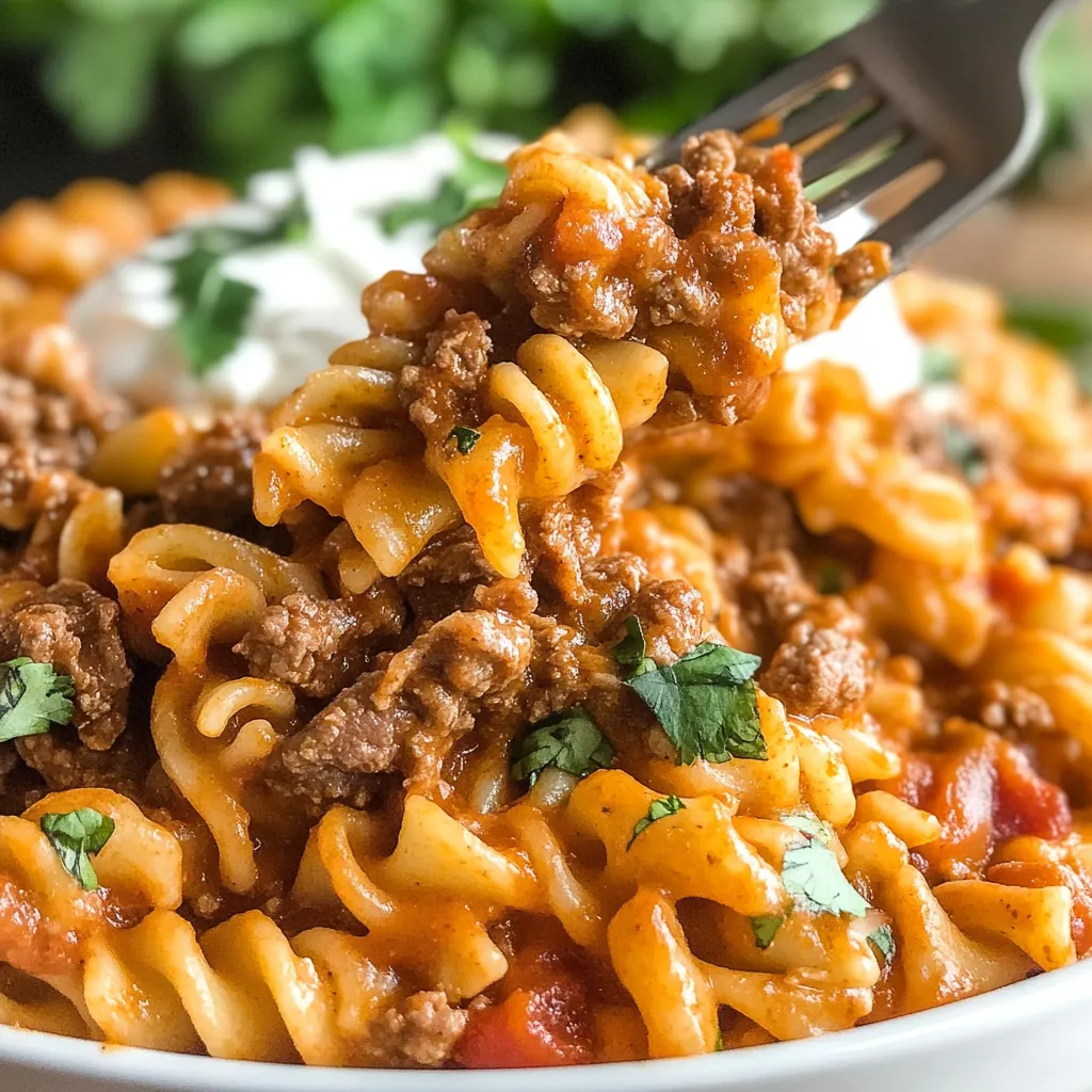 Cheesy Beef Enchilada Pasta in a skillet, topped with cilantro and melted cheese.