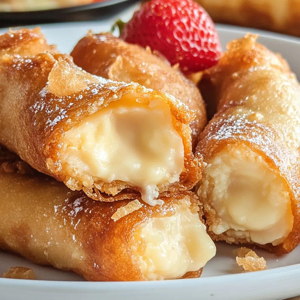 Cheesecake Egg Rolls served on a white platter with powdered sugar dusted on top and a drizzle of caramel sauce.