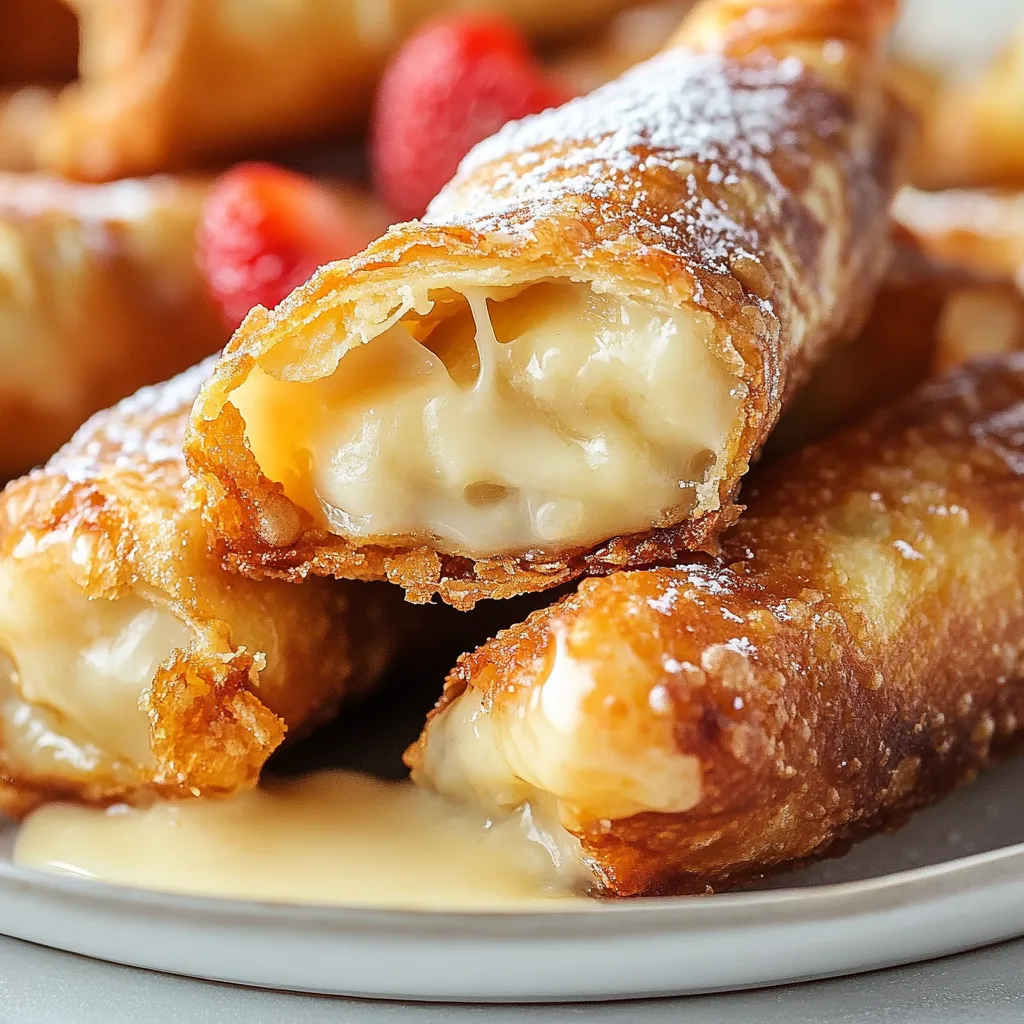 Cheesecake Egg Rolls served on a white platter with powdered sugar dusted on top and a drizzle of caramel sauce.