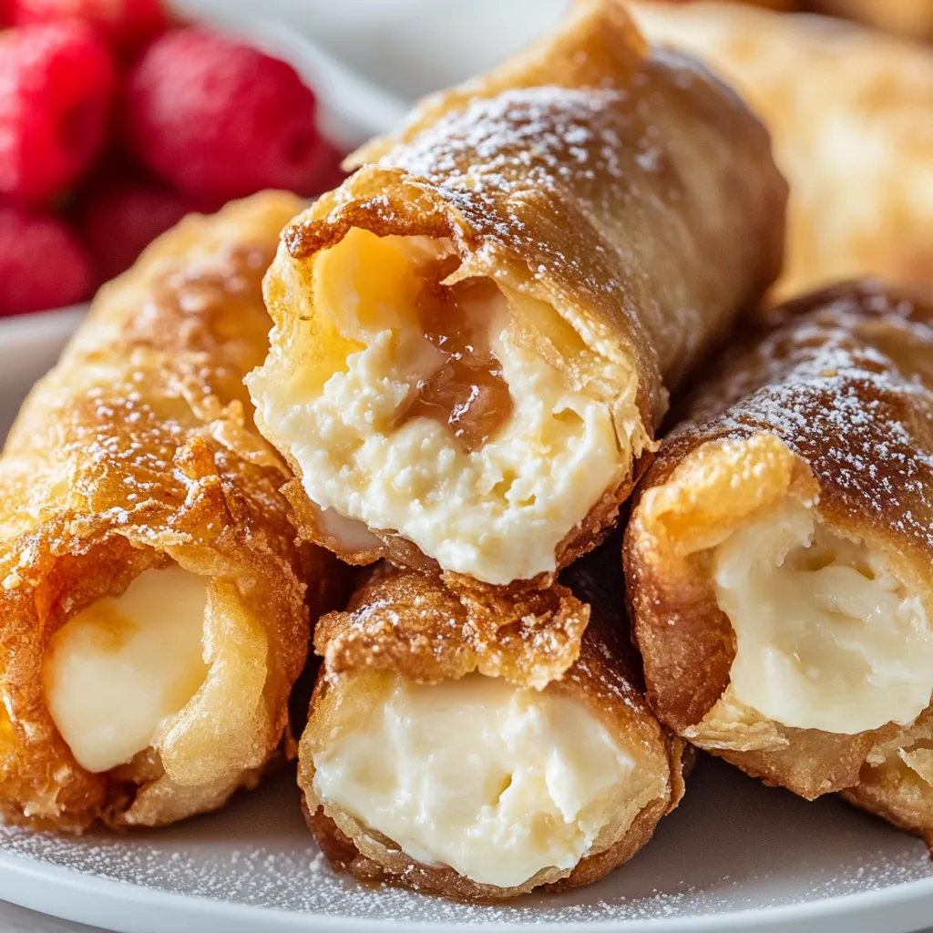 Cheesecake Egg Rolls served on a white platter with powdered sugar dusted on top and a drizzle of caramel sauce.