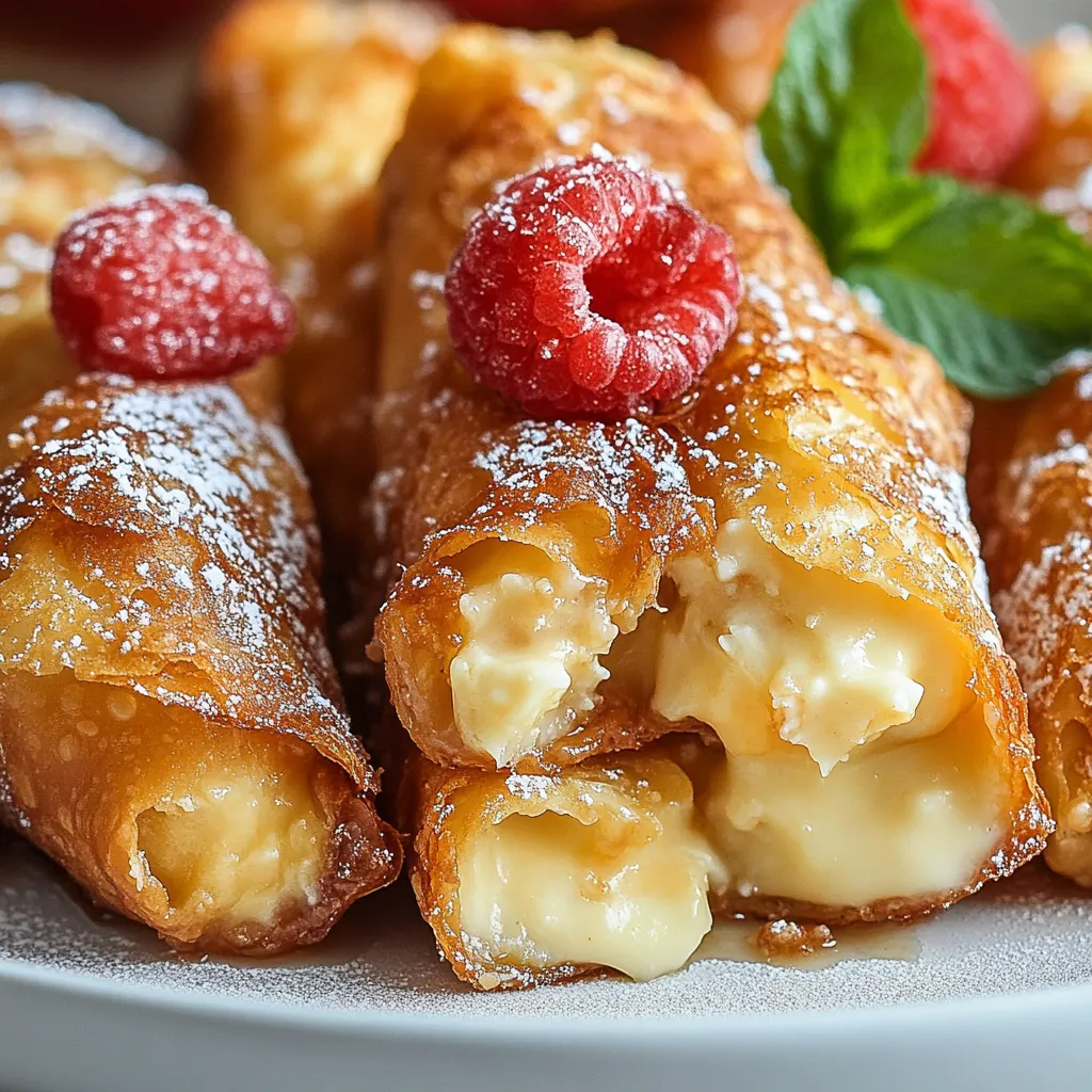 Cheesecake Egg Rolls served on a white platter with powdered sugar dusted on top and a drizzle of caramel sauce.