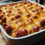 Chili Cheese Dog Casserole baked to perfection with melted cheddar and mozzarella cheese, hot dogs nestled in soft buns, and garnished with parsley.