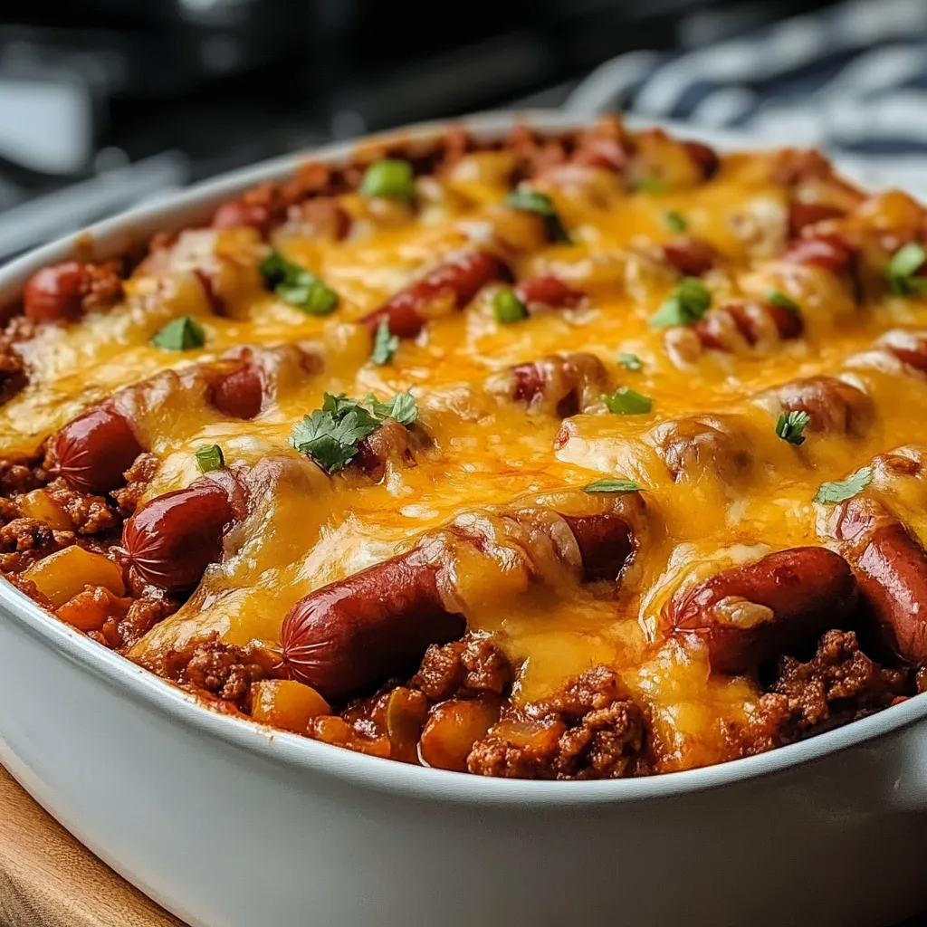 Chili Cheese Dog Casserole baked to perfection with melted cheddar and mozzarella cheese, hot dogs nestled in soft buns, and garnished with parsley.