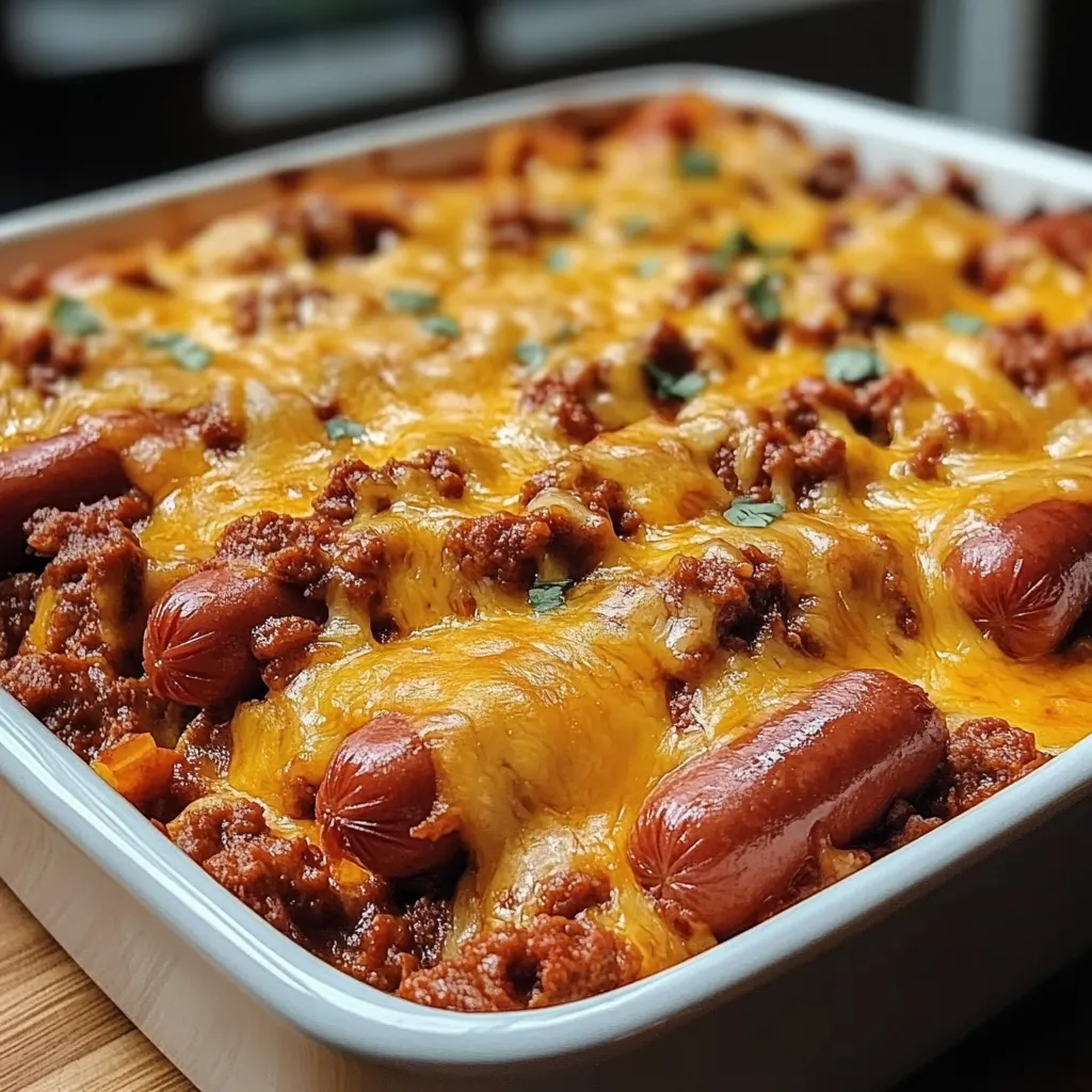 Chili Cheese Dog Casserole baked to perfection with melted cheddar and mozzarella cheese, hot dogs nestled in soft buns, and garnished with parsley.