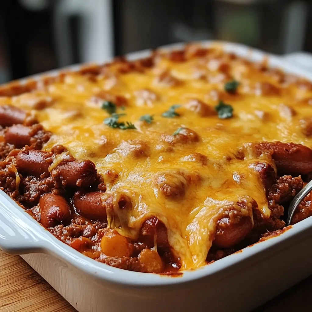 Chili Cheese Dog Casserole baked to perfection with melted cheddar and mozzarella cheese, hot dogs nestled in soft buns, and garnished with parsley.