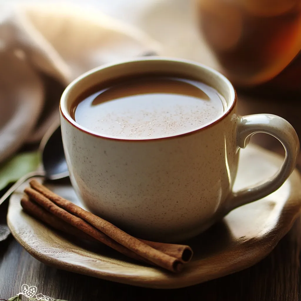 A cozy mug of cinnamon sore throat tea garnished with a cinnamon stick and a slice of lemon, steaming on a wooden table.