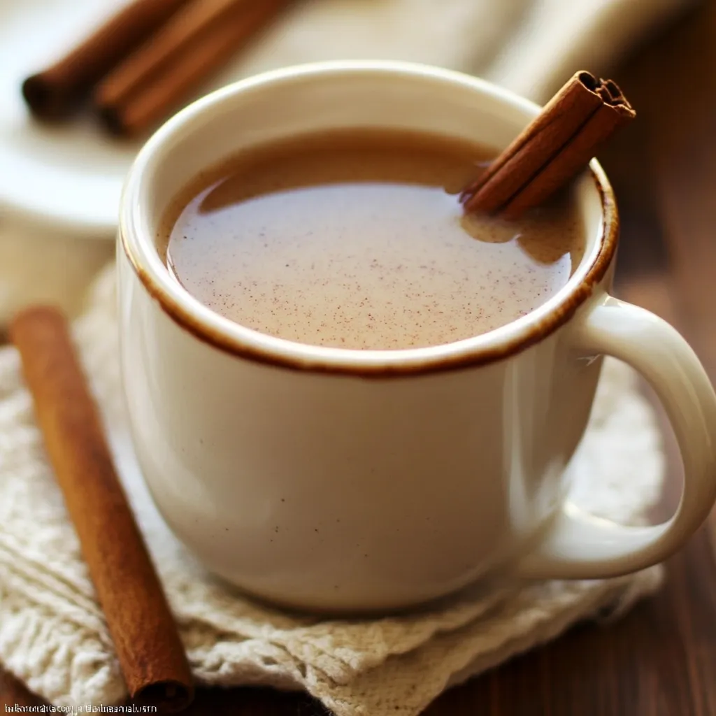 A cozy mug of cinnamon sore throat tea garnished with a cinnamon stick and a slice of lemon, steaming on a wooden table.