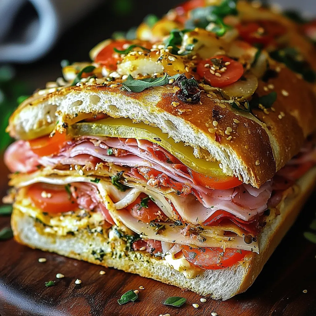 Classic Italian Muffuletta Sandwich with layers of meats, cheeses, and olive tapenade on round Italian bread.