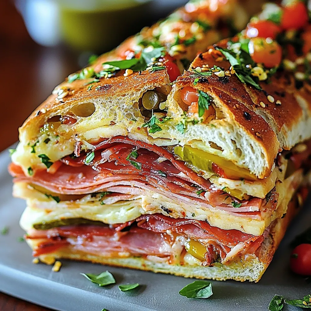 Classic Italian Muffuletta Sandwich with layers of meats, cheeses, and olive tapenade on round Italian bread.