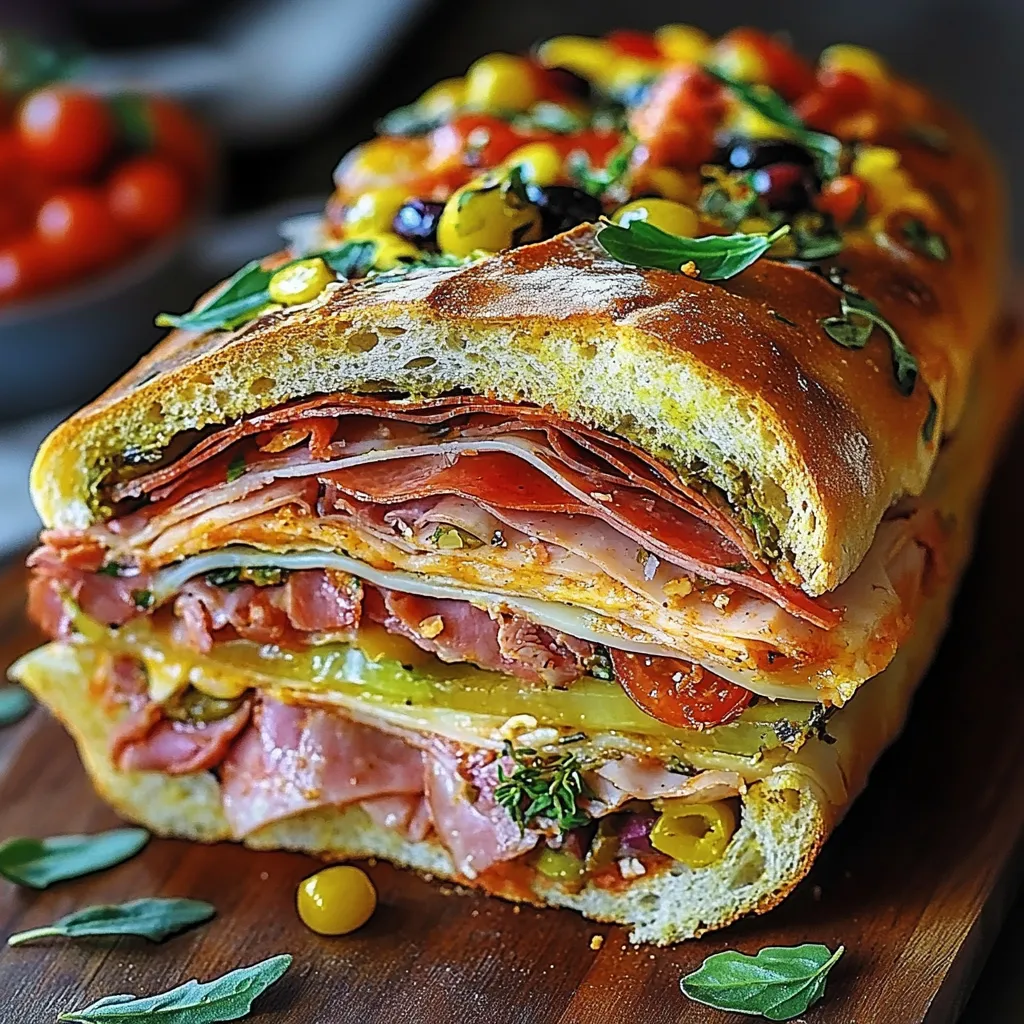 Classic Italian Muffuletta Sandwich with layers of meats, cheeses, and olive tapenade on round Italian bread.