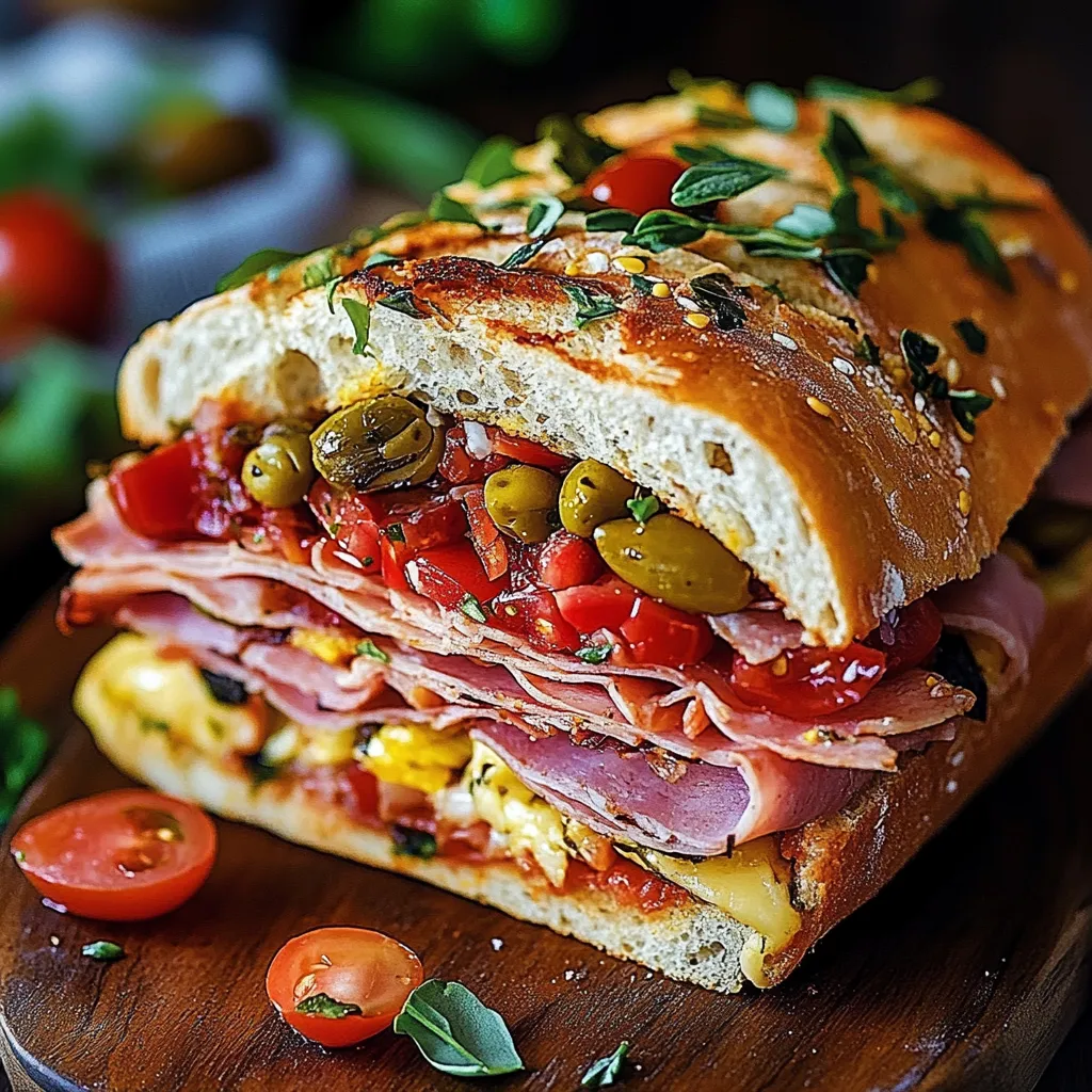 Classic Italian Muffuletta Sandwich with layers of meats, cheeses, and olive tapenade on round Italian bread.