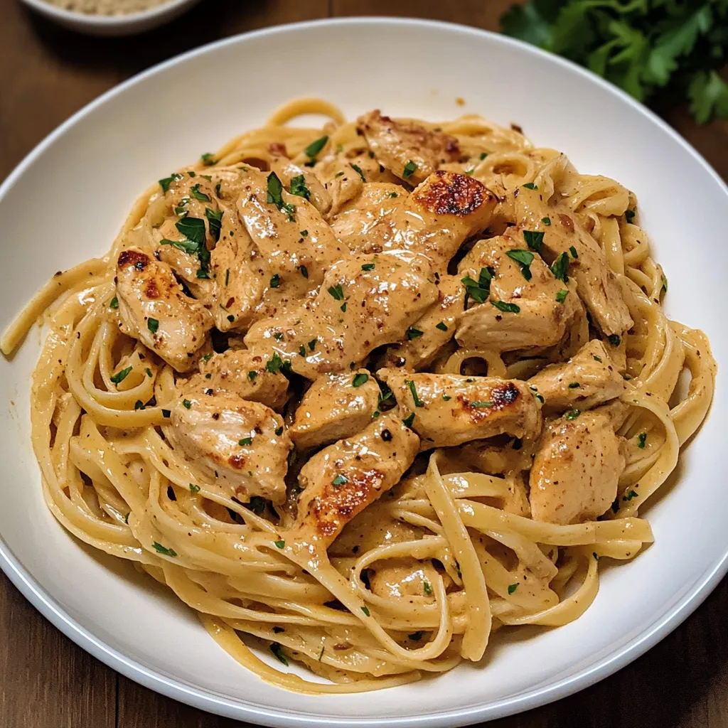 Creamy Cowboy Butter Chicken Linguine served in a skillet, garnished with fresh parsley and Parmesan cheese.