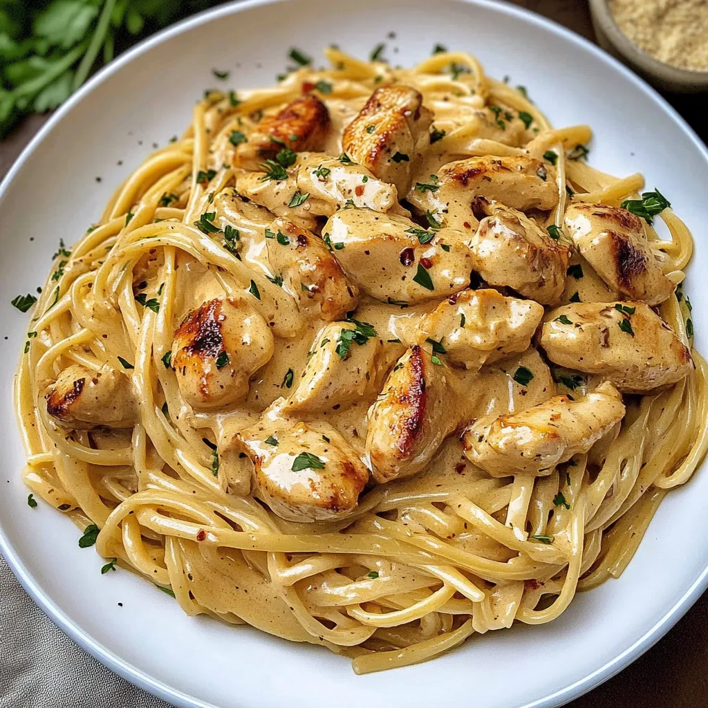 Creamy Cowboy Butter Chicken Linguine served in a skillet, garnished with fresh parsley and Parmesan cheese.