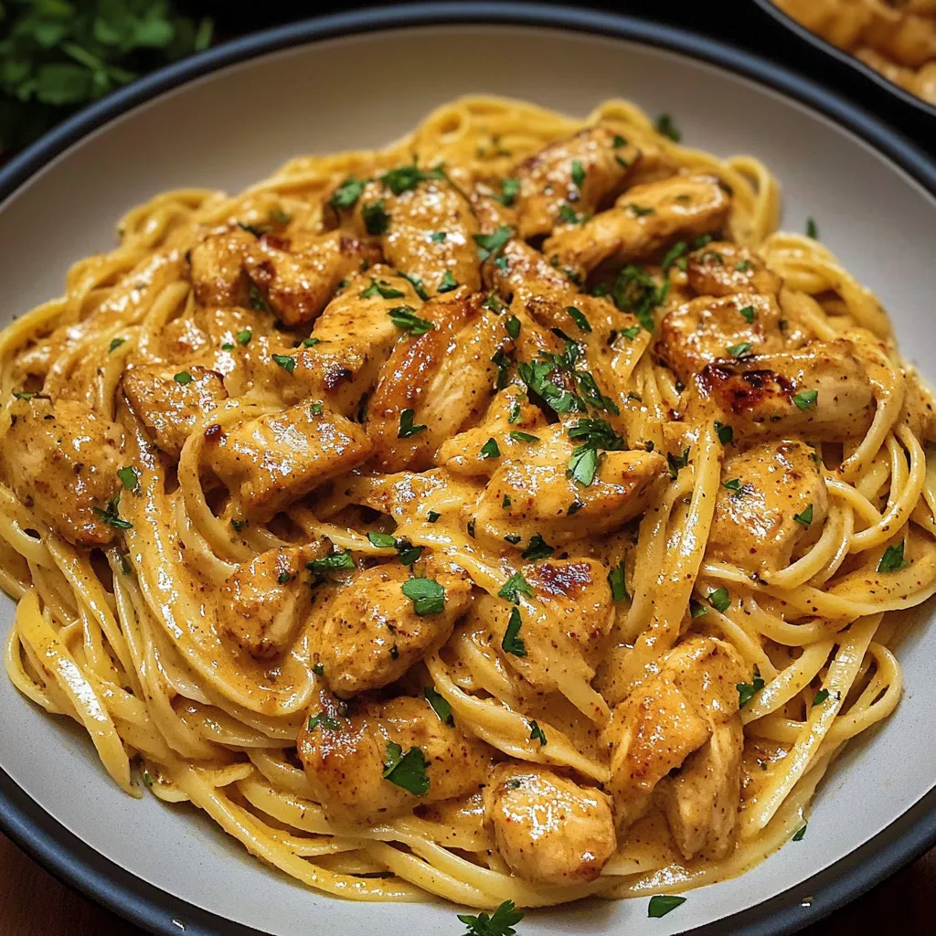 Creamy Cowboy Butter Chicken Linguine served in a skillet, garnished with fresh parsley and Parmesan cheese.