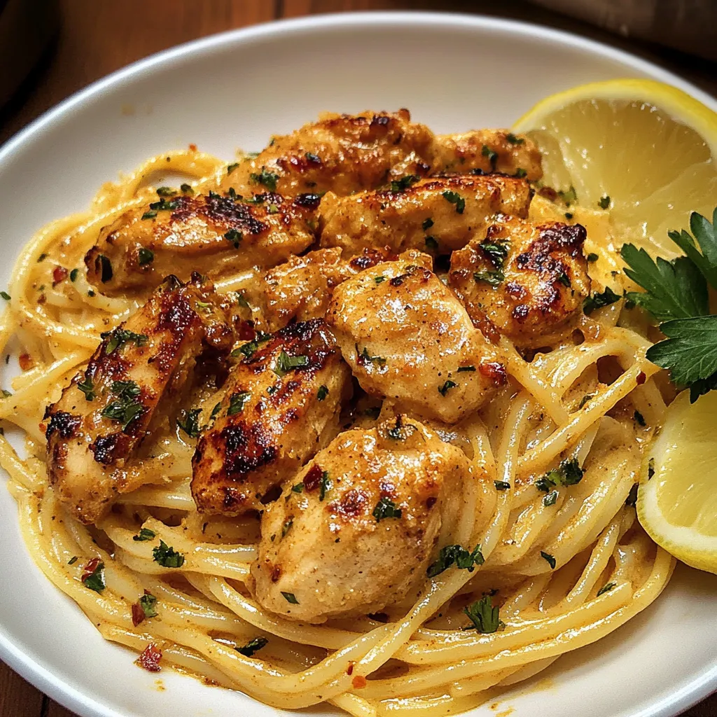 Creamy Cowboy Butter Chicken Linguine served in a skillet, garnished with fresh parsley and Parmesan cheese.