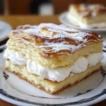 A slice of Cream Puff Cake with a flaky golden crust, creamy filling, and a decadent chocolate drizzle, served on a white plate.