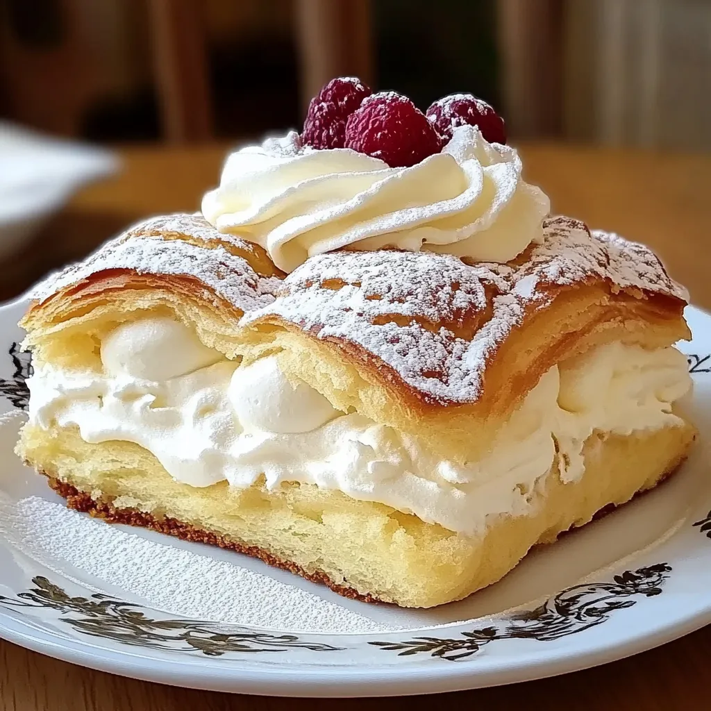 A slice of Cream Puff Cake with a flaky golden crust, creamy filling, and a decadent chocolate drizzle, served on a white plate.