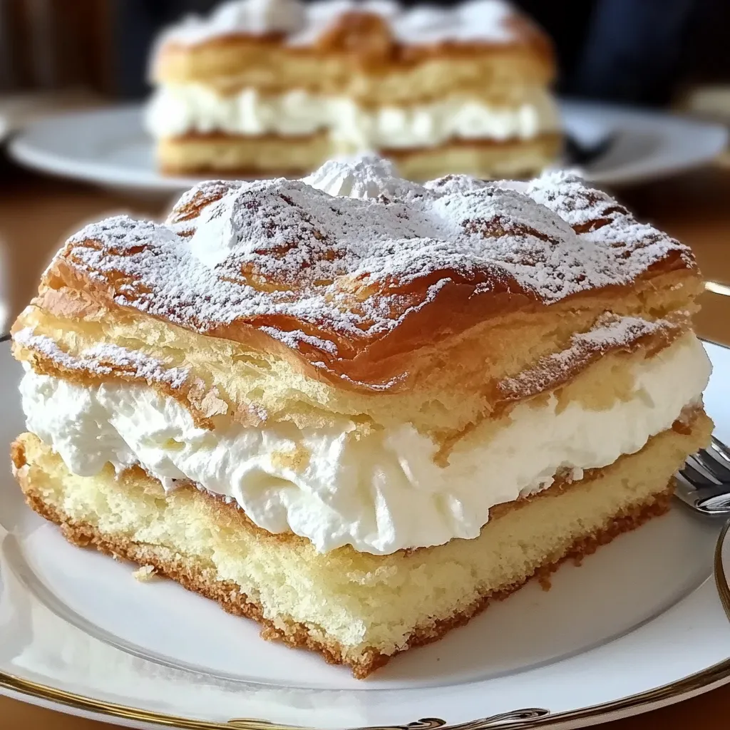 A slice of Cream Puff Cake with a flaky golden crust, creamy filling, and a decadent chocolate drizzle, served on a white plate.