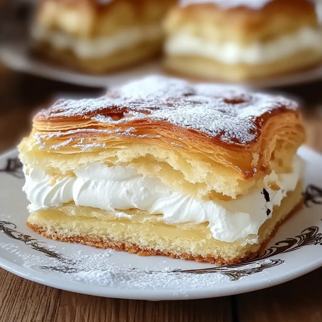 A slice of Cream Puff Cake with a flaky golden crust, creamy filling, and a decadent chocolate drizzle, served on a white plate.