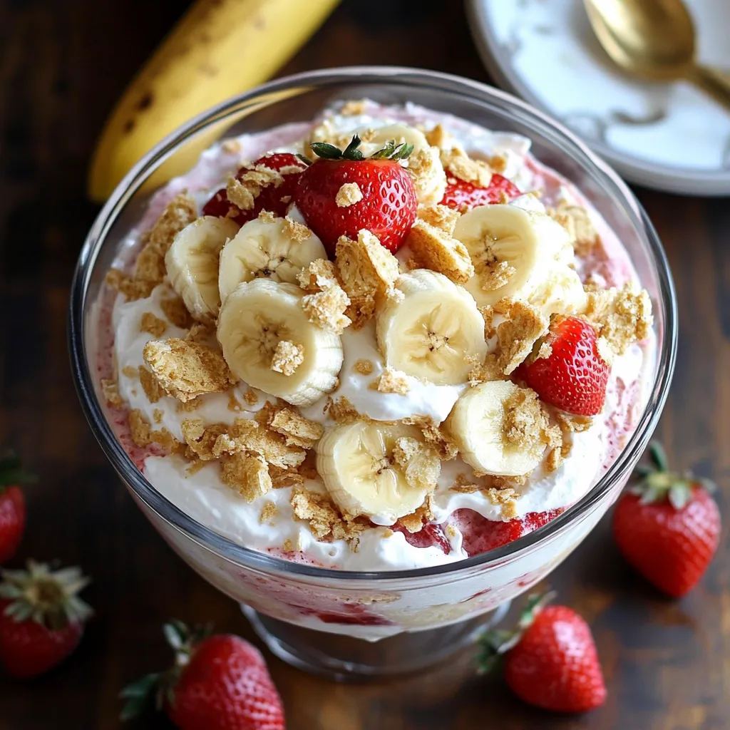 A vibrant bowl of Strawberry Banana Pudding topped with fresh strawberry slices, banana slices, and granola for a perfect finishing touch.