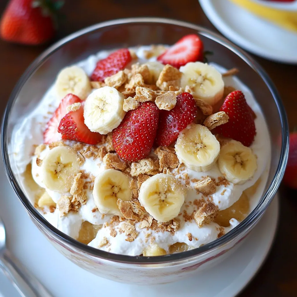 A vibrant bowl of Strawberry Banana Pudding topped with fresh strawberry slices, banana slices, and granola for a perfect finishing touch.