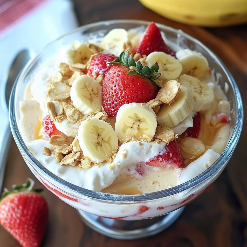 A vibrant bowl of Strawberry Banana Pudding topped with fresh strawberry slices, banana slices, and granola for a perfect finishing touch.