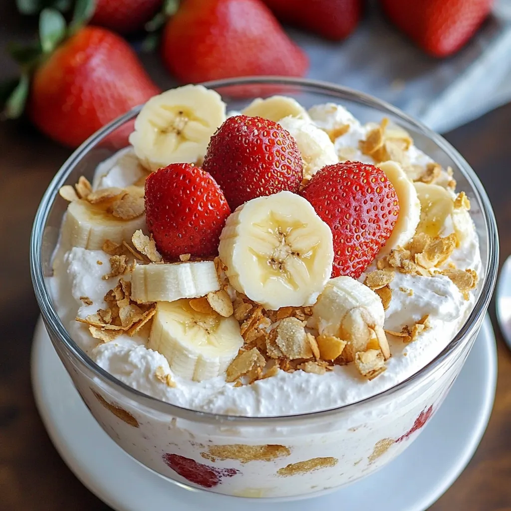 A vibrant bowl of Strawberry Banana Pudding topped with fresh strawberry slices, banana slices, and granola for a perfect finishing touch.