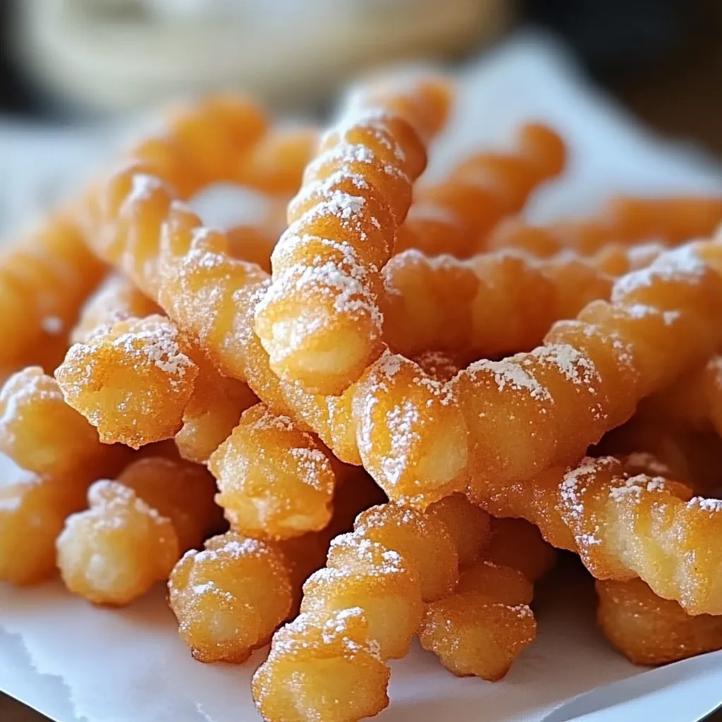 Crispy golden-brown funnel cake sticks dusted with powdered sugar on a white plate, served with dipping sauces on the side.