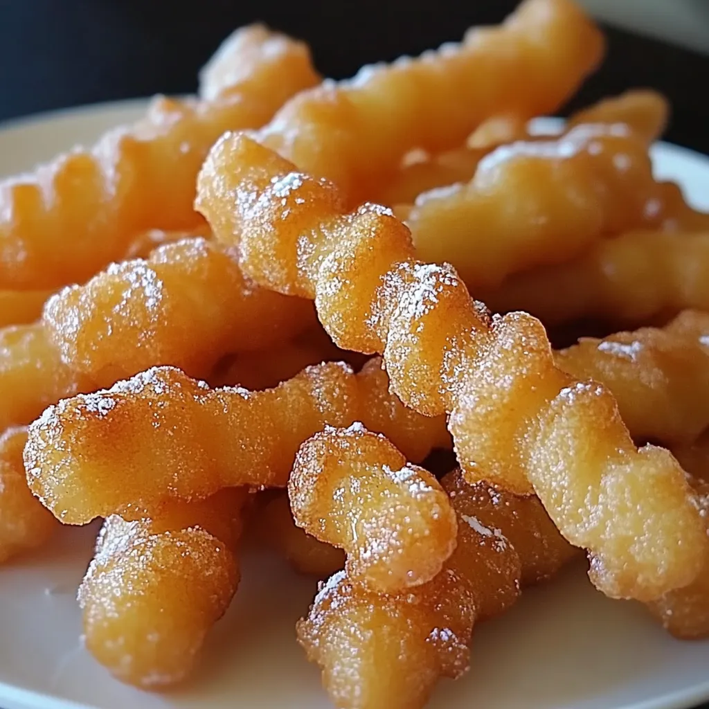 Crispy golden-brown funnel cake sticks dusted with powdered sugar on a white plate, served with dipping sauces on the side.