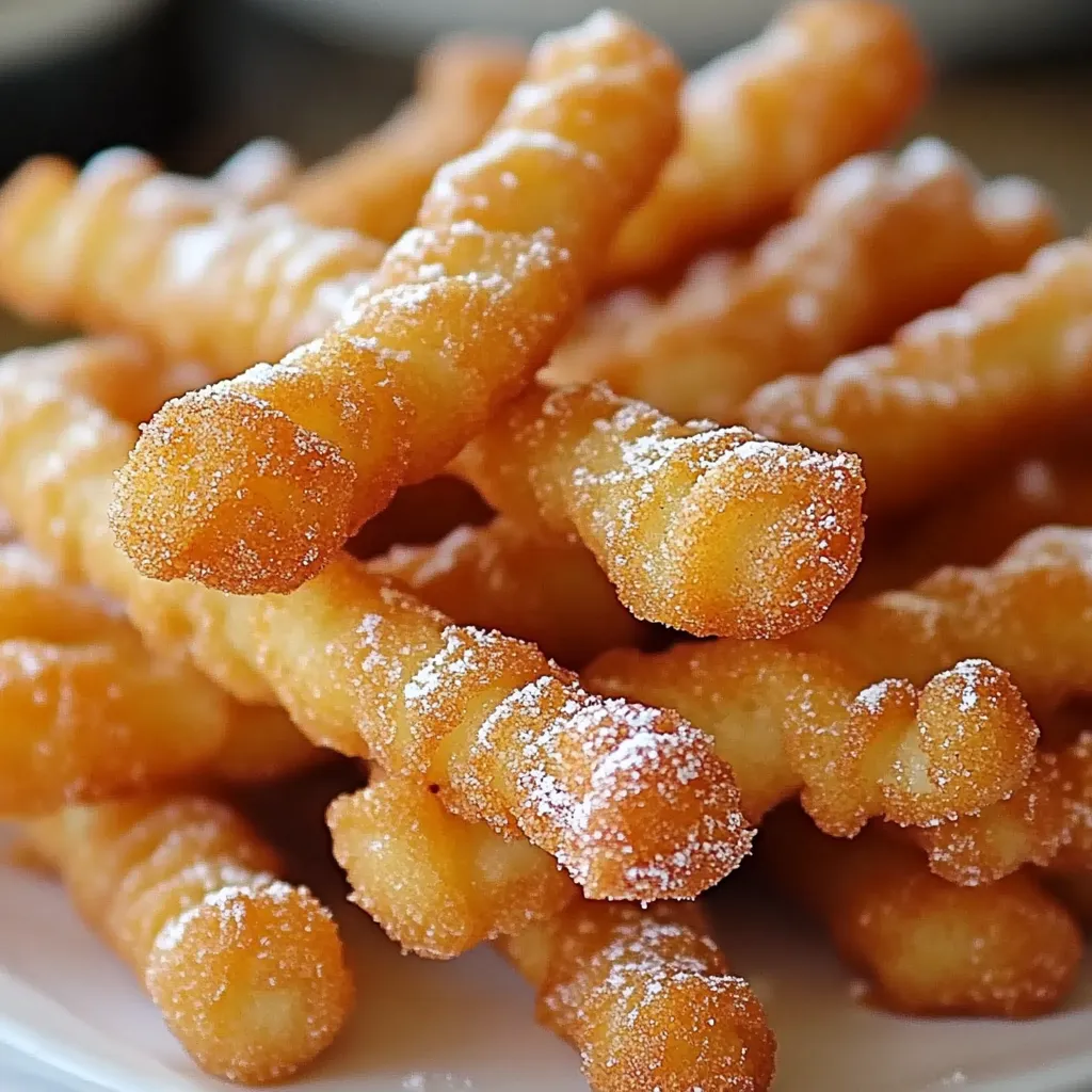 Crispy golden-brown funnel cake sticks dusted with powdered sugar on a white plate, served with dipping sauces on the side.