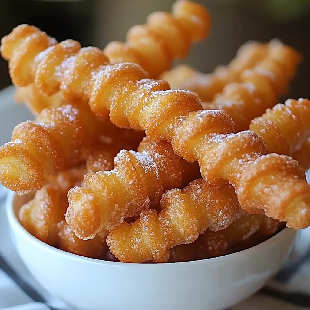 Crispy golden-brown funnel cake sticks dusted with powdered sugar on a white plate, served with dipping sauces on the side.