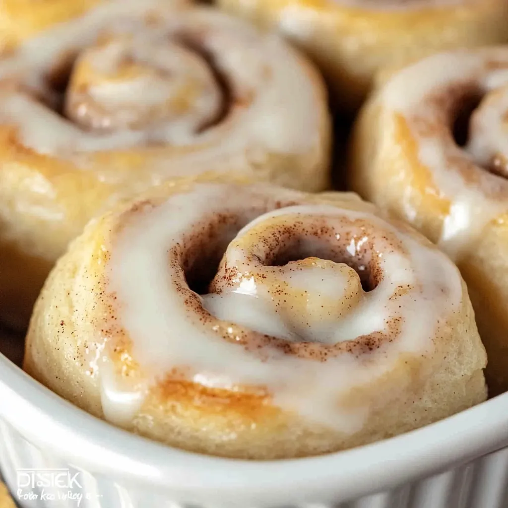 Golden brown Bisquick Cinnamon Rolls drizzled with a sweet vanilla glaze, served on a decorative platter.