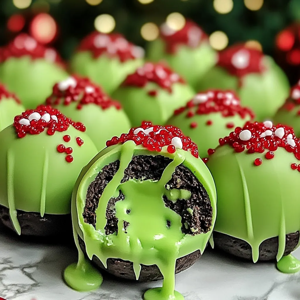 Festive Grinch Oreo Balls with a bright green candy coating and a red heart sprinkle on top, arranged on a holiday platter.