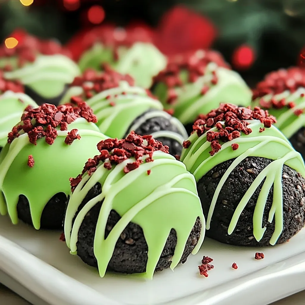 Festive Grinch Oreo Balls with a bright green candy coating and a red heart sprinkle on top, arranged on a holiday platter.