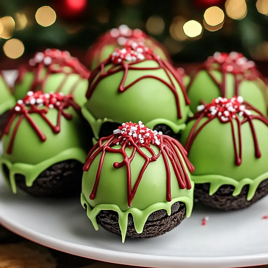 Festive Grinch Oreo Balls with a bright green candy coating and a red heart sprinkle on top, arranged on a holiday platter.