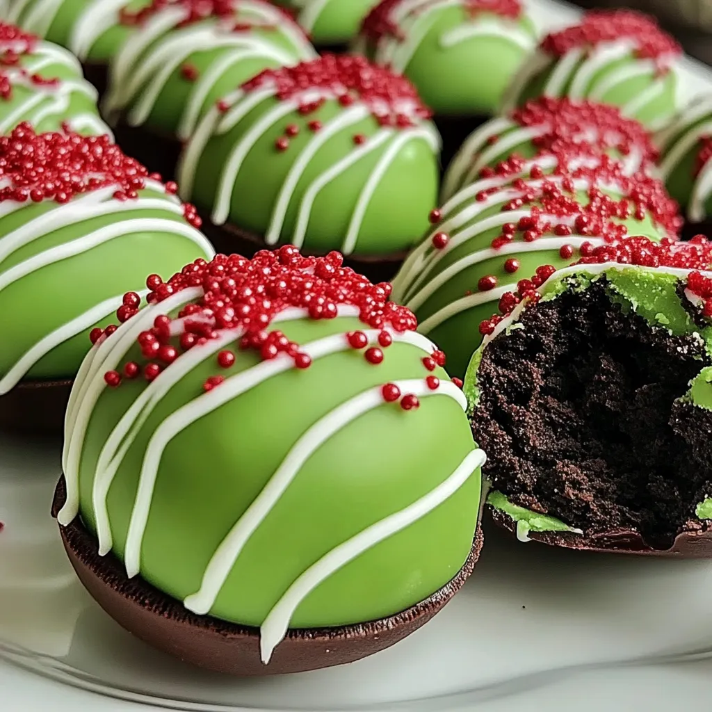 Festive Grinch Oreo Balls with a bright green candy coating and a red heart sprinkle on top, arranged on a holiday platter.