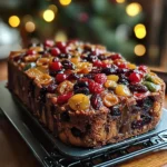 A moist and golden-brown fruitcake topped with powdered sugar and garnished with fresh orange zest and cranberries, served on a festive platter.