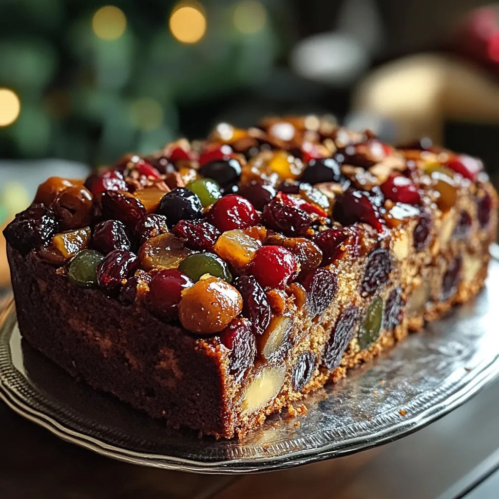 A moist and golden-brown fruitcake topped with powdered sugar and garnished with fresh orange zest and cranberries, served on a festive platter.