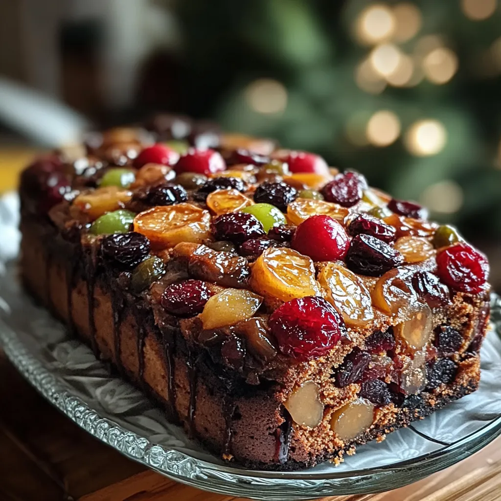 A moist and golden-brown fruitcake topped with powdered sugar and garnished with fresh orange zest and cranberries, served on a festive platter.