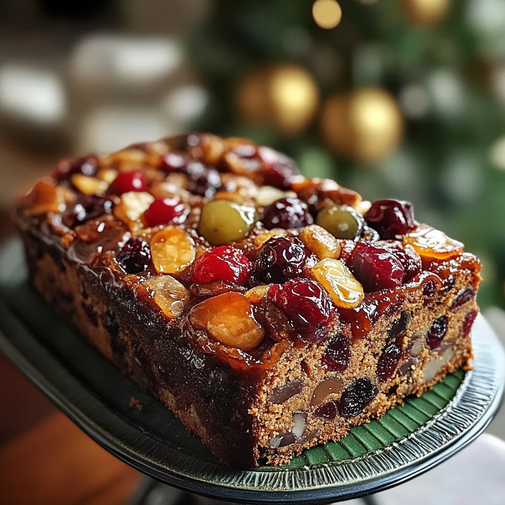 A moist and golden-brown fruitcake topped with powdered sugar and garnished with fresh orange zest and cranberries, served on a festive platter.