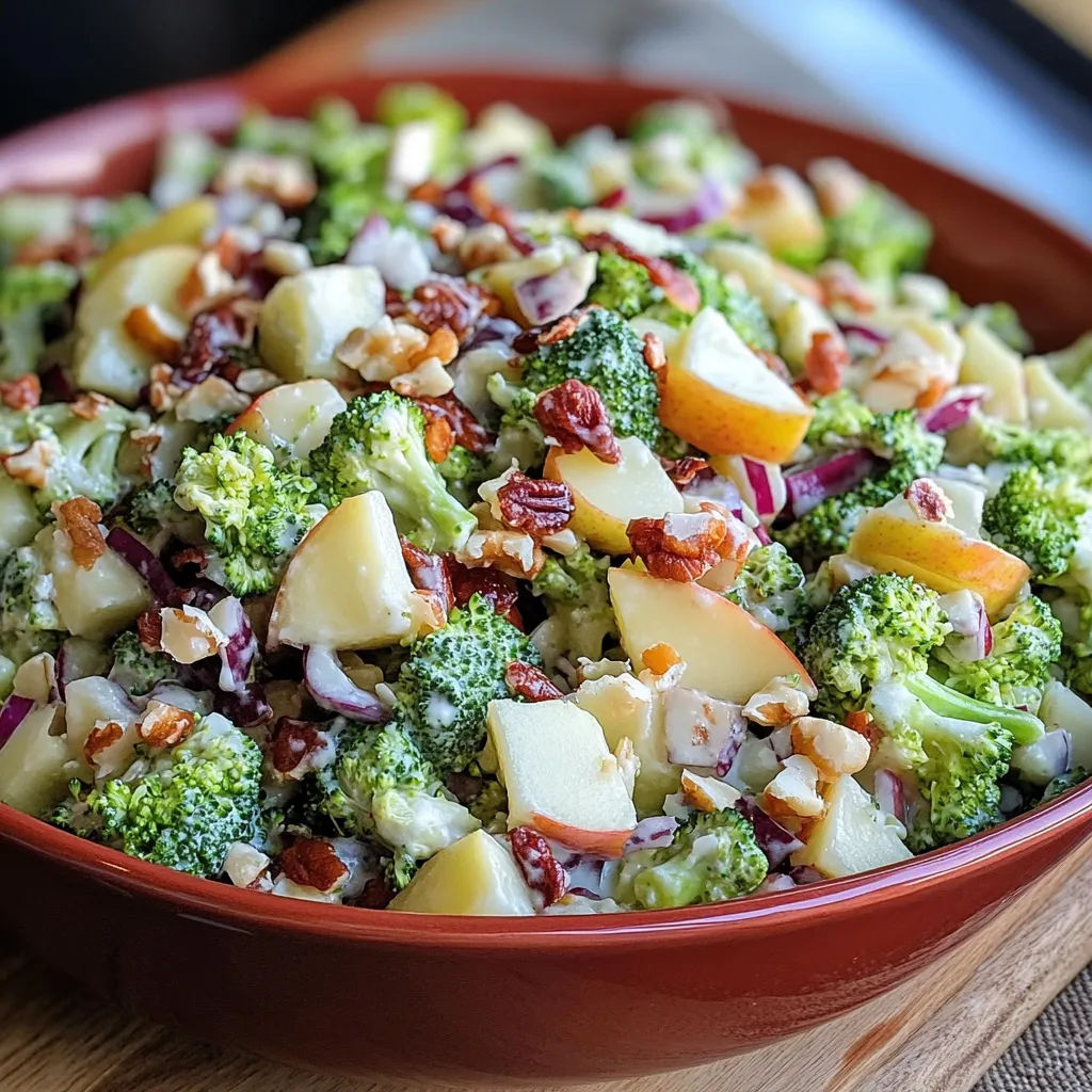 A vibrant bowl of Honeycrisp Broccoli Salad with apples, cranberries, sunflower seeds, and creamy dressing.