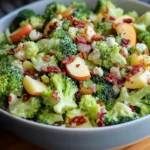 A vibrant bowl of Honeycrisp Broccoli Salad with apples, cranberries, sunflower seeds, and creamy dressing.