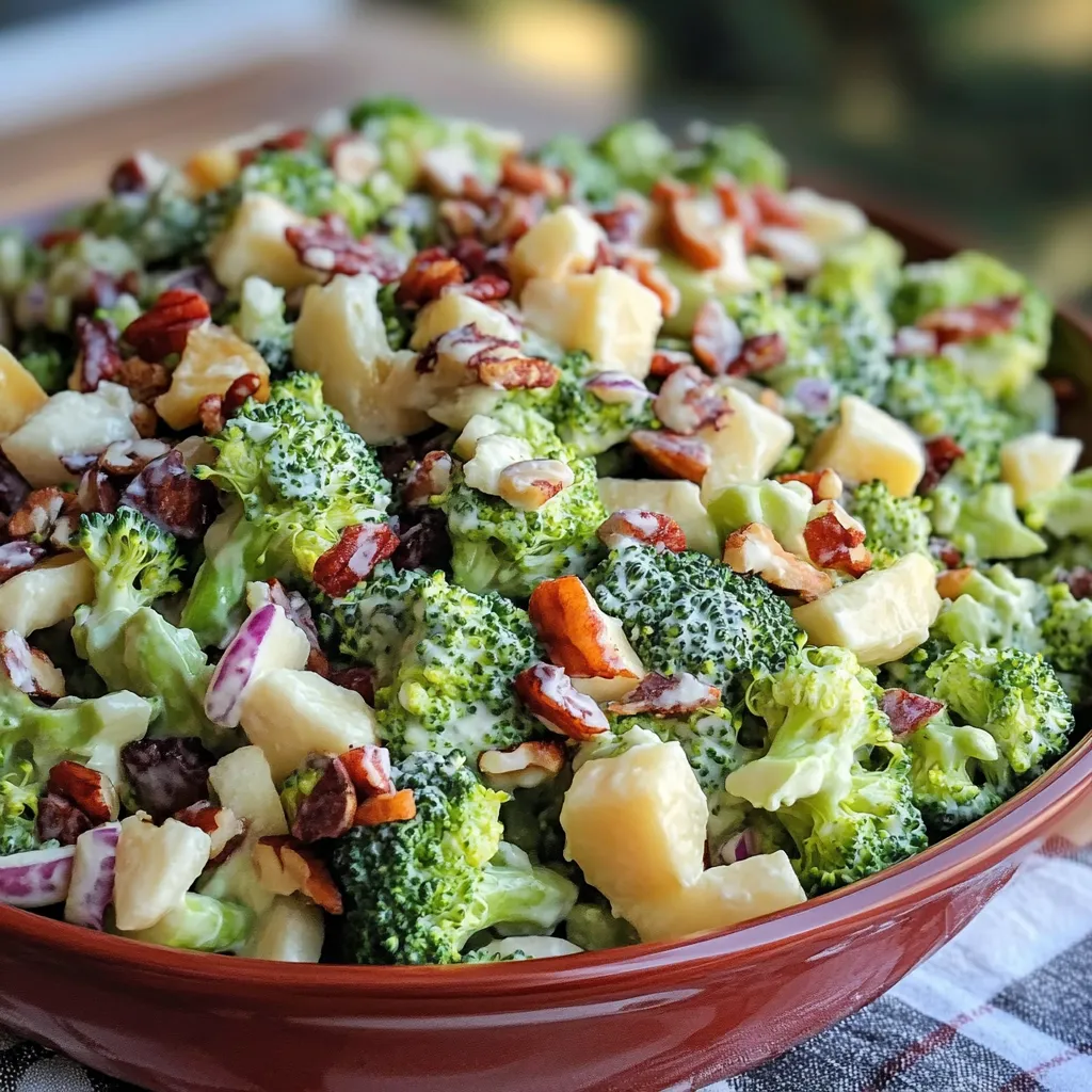 A vibrant bowl of Honeycrisp Broccoli Salad with apples, cranberries, sunflower seeds, and creamy dressing.