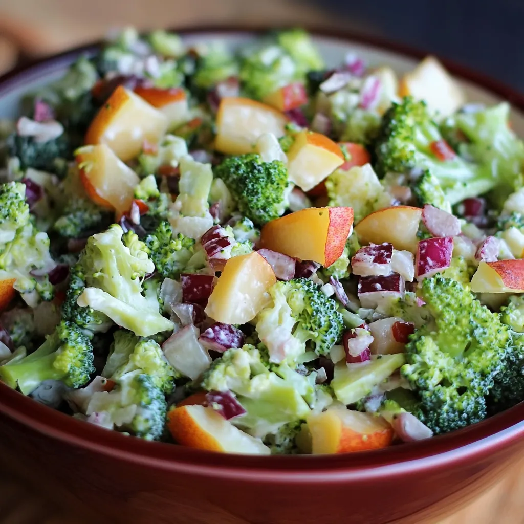 A vibrant bowl of Honeycrisp Broccoli Salad with apples, cranberries, sunflower seeds, and creamy dressing.