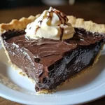 Hot fudge pie served warm with a dollop of whipped cream and a drizzle of chocolate sauce.